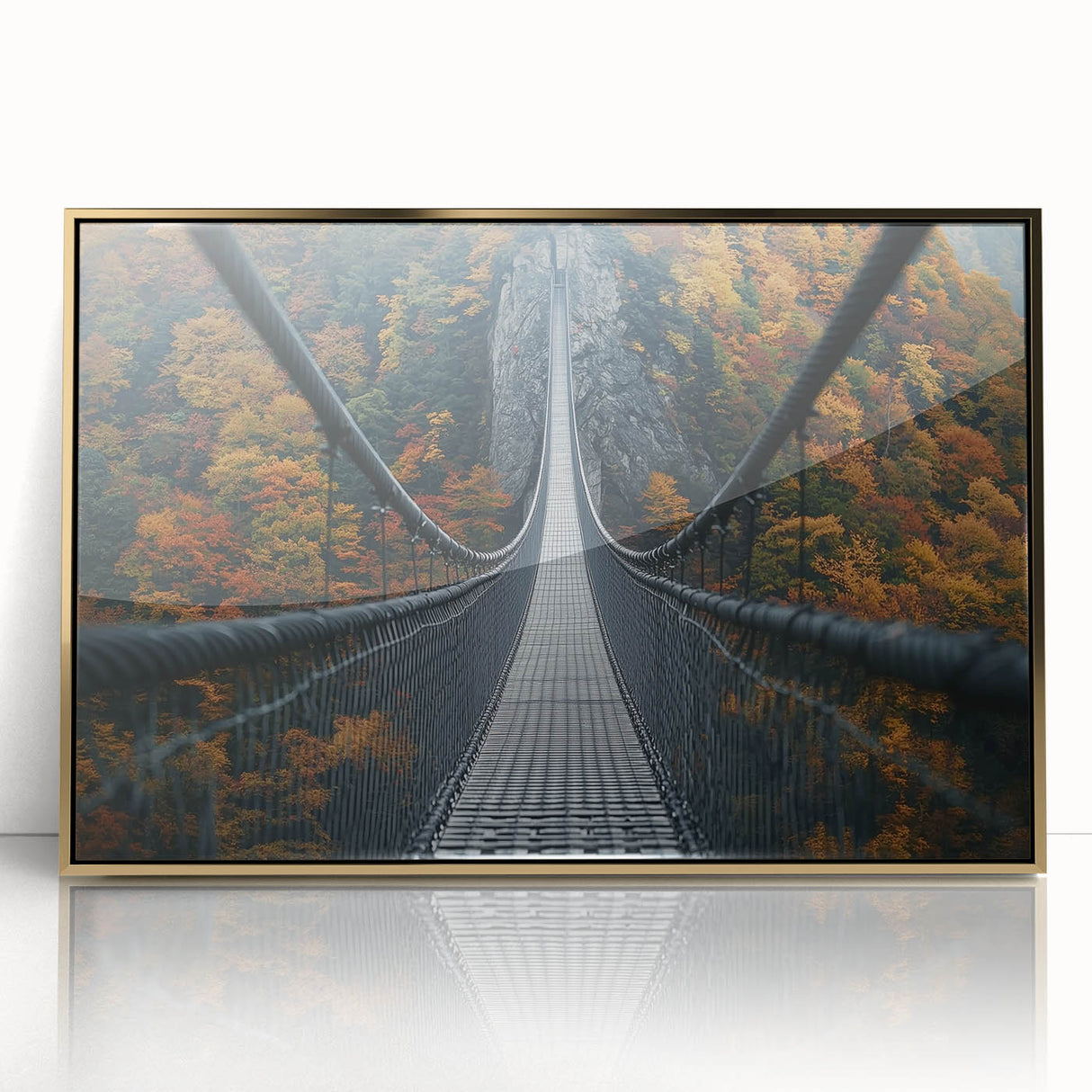 Framed acrylic artwork of a golden landscape bridge, showcasing intricate details and vibrant colors, perfect for home decor and modern art enthusiasts.