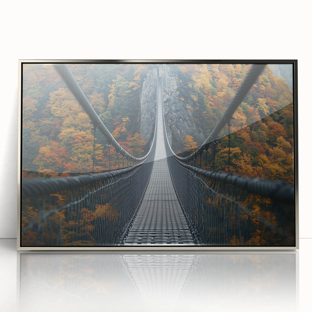 Framed acrylic artwork of a serene landscape bridge scene, showcasing vibrant colors and intricate details, perfect for home decor and modern aesthetics.