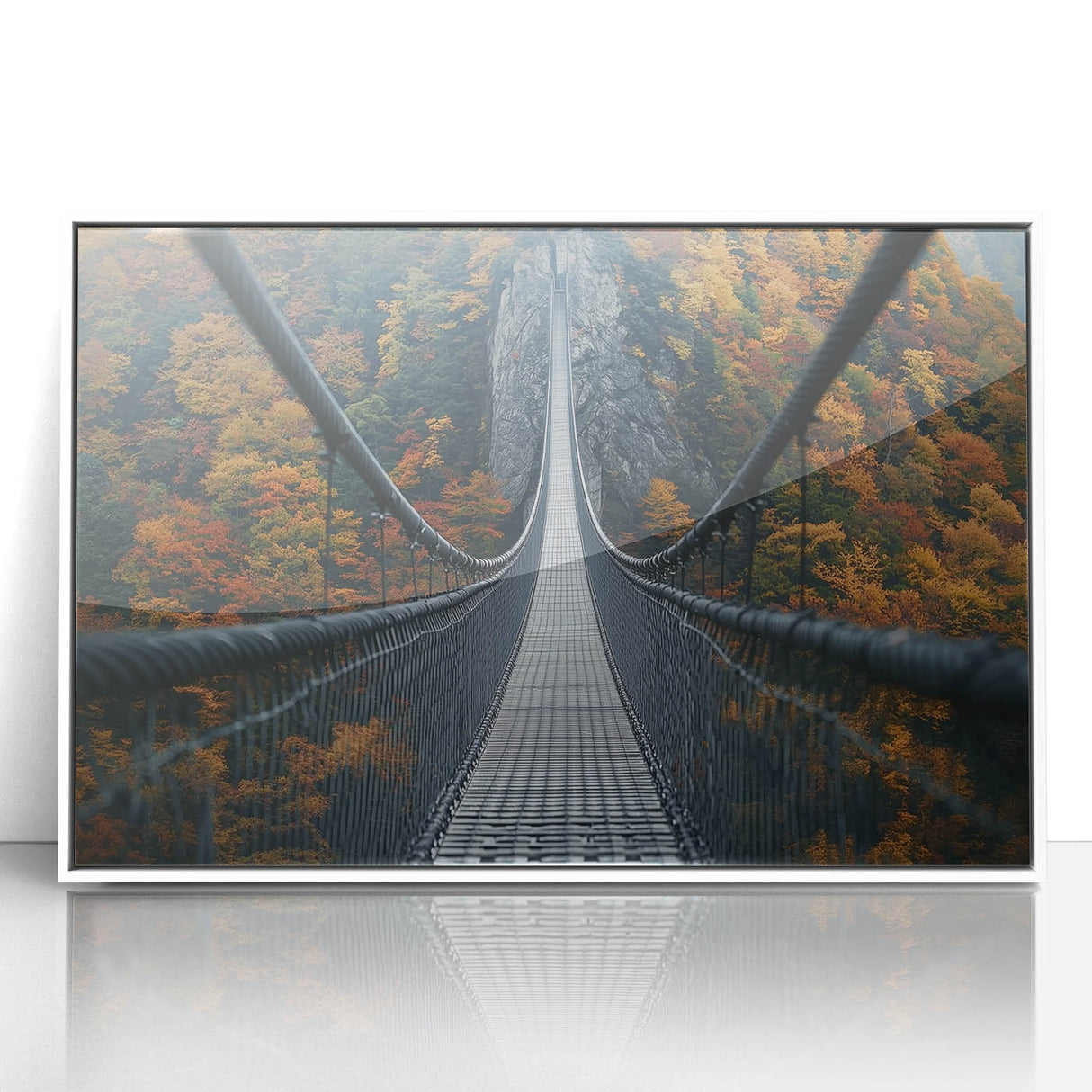 Framed acrylic wall art showcasing a striking landscape bridge design with vibrant colors, perfect for modern home decor. The artwork features intricate details and a sleek white frame, enhancing any living space aesthetic.