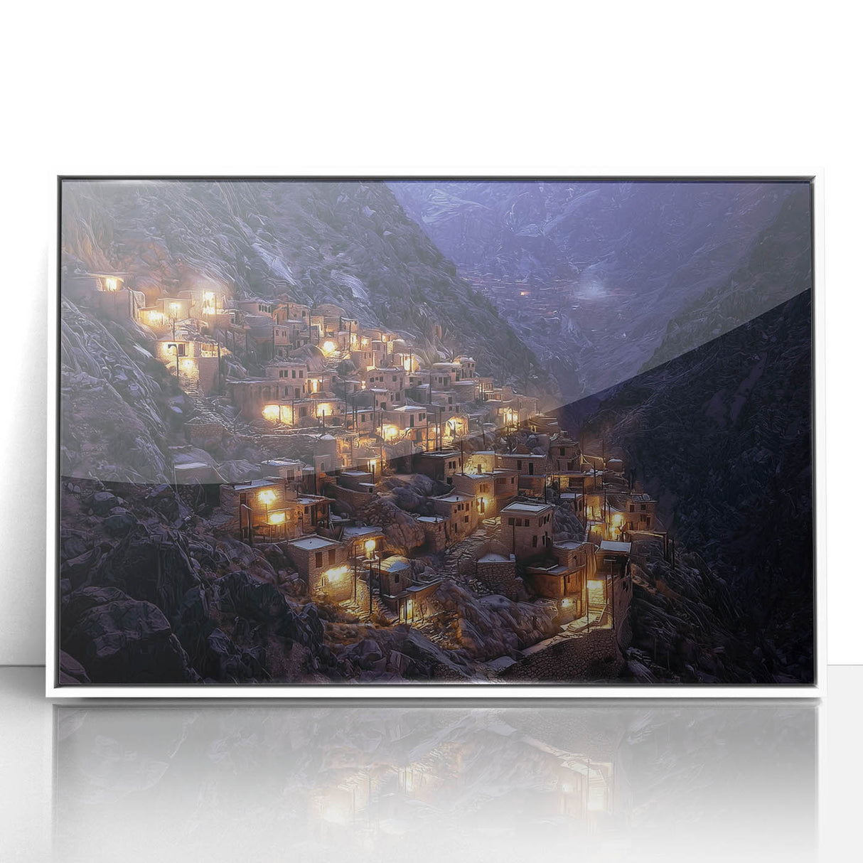 Framed acrylic art piece showcasing a vibrant landscape of canyons, featuring rich earthy tones and dramatic geological formations, enhancing any modern decor.
