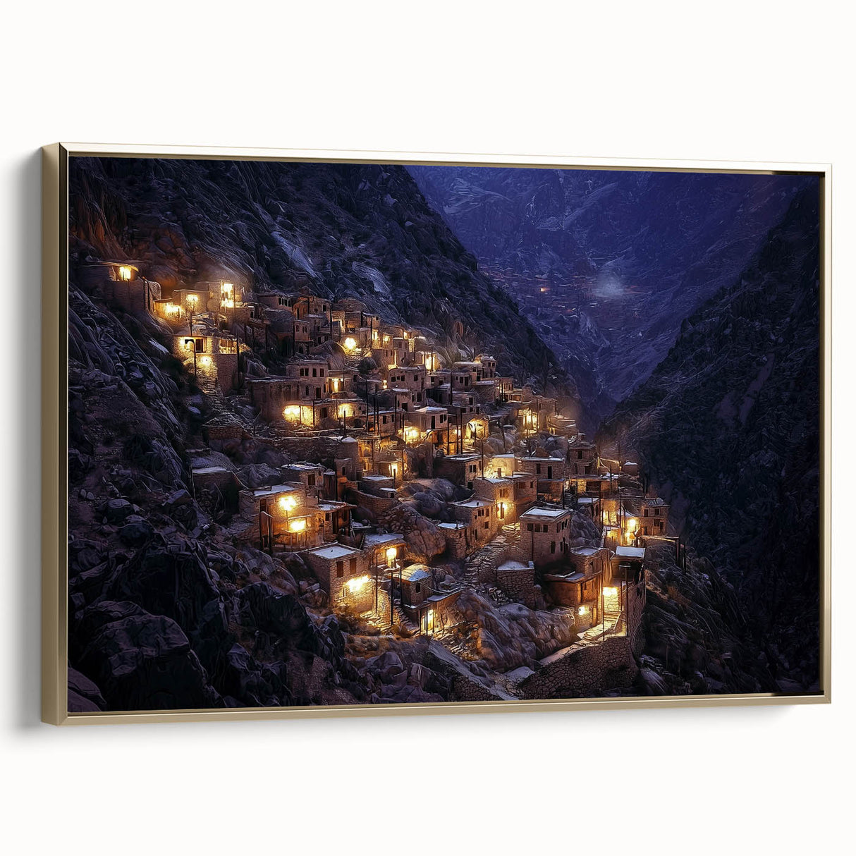 Framed canvas artwork showcasing a stunning landscape of canyons, featuring rich gold accents and a side view, perfect for enhancing home decor with natural beauty.