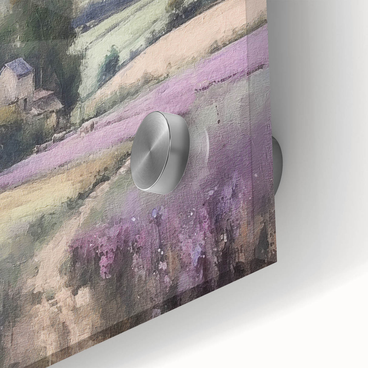 Close-up of a vibrant landscape wall art print showcasing a serene countryside scene with lush green fields and a bright blue sky, designed to enhance home decor.