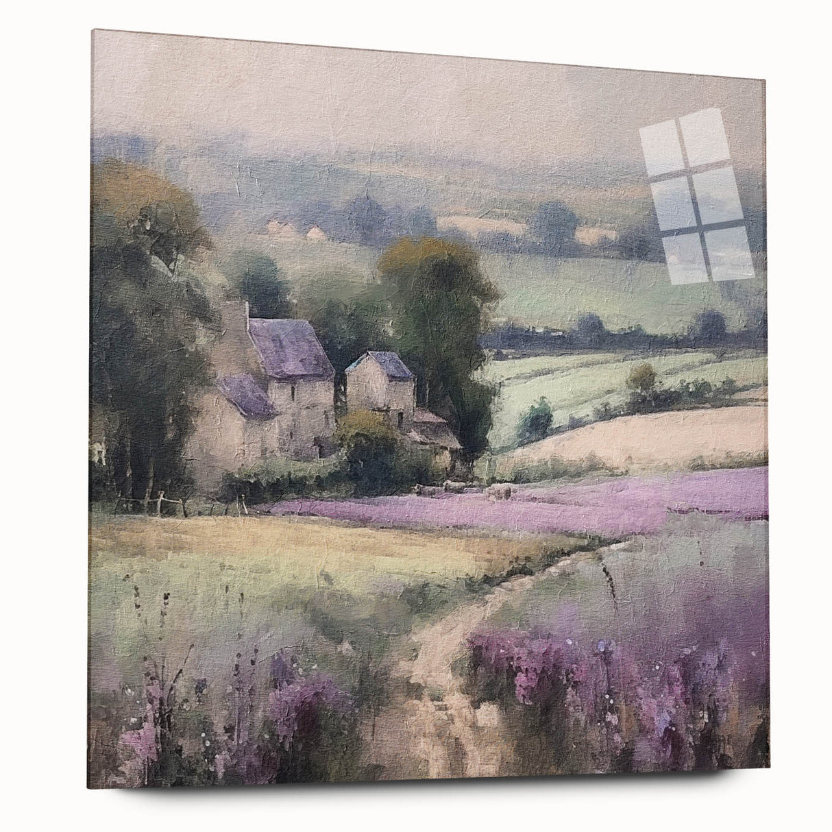 Landscape wall art depicting a serene countryside scene, printed on acrylic glass with a side view showcasing its vibrant colors and modern design, perfect for home decor.
