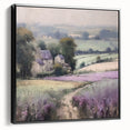Framed landscape wall art depicting a serene countryside scene with rolling hills and lush greenery, showcased in a sleek black frame from a side view, ideal for home decor.