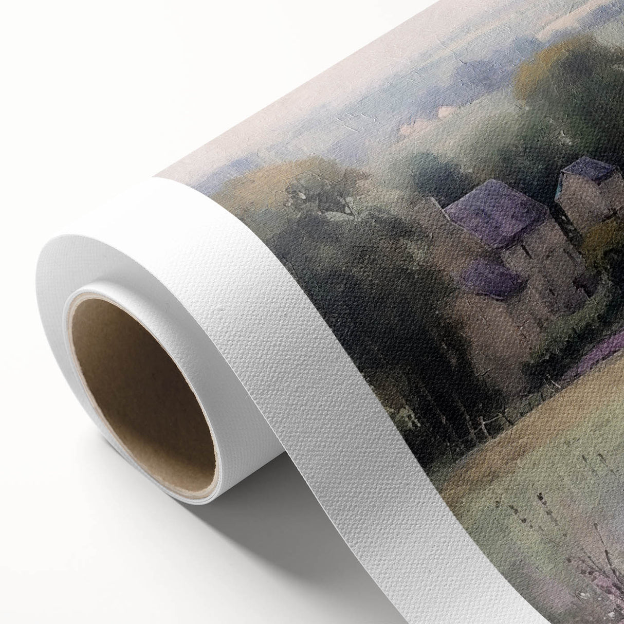Landscape wall art featuring a serene countryside scene with rolling green hills and a clear blue sky, printed on high-quality rolled canvas for elegant home decor.