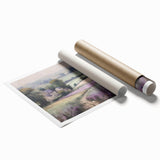 Landscape wall art print depicting a serene countryside scene with rolling hills and vibrant greenery, rolled up for easy shipping and display.