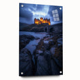 Acrylic landscape artwork showcasing a serene countryside view, presented in a glass frame with visible mounting pins. Ideal for home decor enthusiasts.