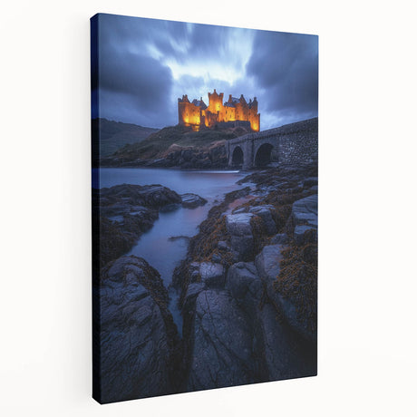 Stretched canvas artwork depicting a serene countryside landscape, showcasing vibrant green fields and a clear blue sky, perfect for home decor.