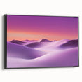 Framed canvas artwork depicting a serene desert landscape with vibrant hues of orange and yellow, showcasing a black frame and side view for modern decor. Perfect for enhancing living spaces or offices with a touch of nature-inspired elegance.