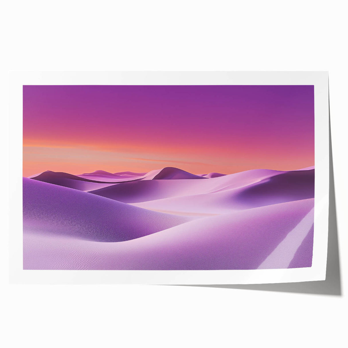 Desert landscape rolled print showcasing vibrant hues of orange and yellow, featuring dramatic sand dunes and a clear blue sky, ideal for modern decor.