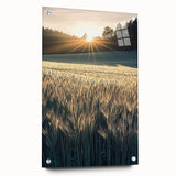 Acrylic glass artwork showcasing vibrant landscapes and fields, viewed from the side with decorative pins, perfect for modern home decor and art enthusiasts.