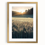Elegant gold-framed landscape artwork featuring serene fields, showcasing vibrant greens and soft blues with a mat border, ideal for home decor enhancement.
