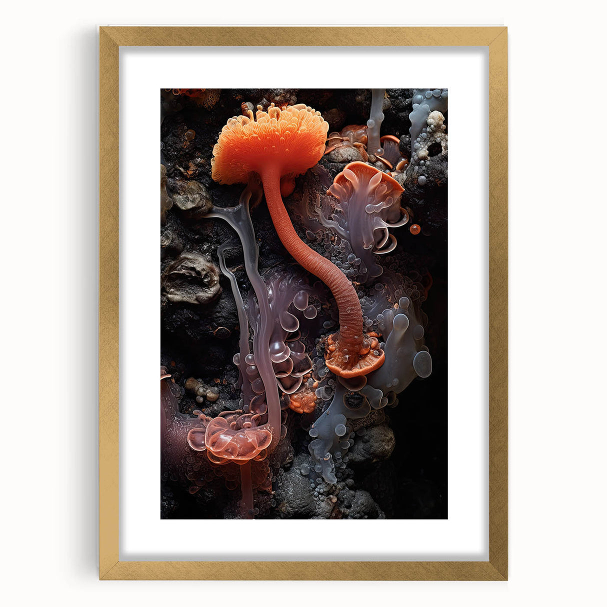 Extra large abstract art print with textured design in neutral and gold tones on a framed canvas.