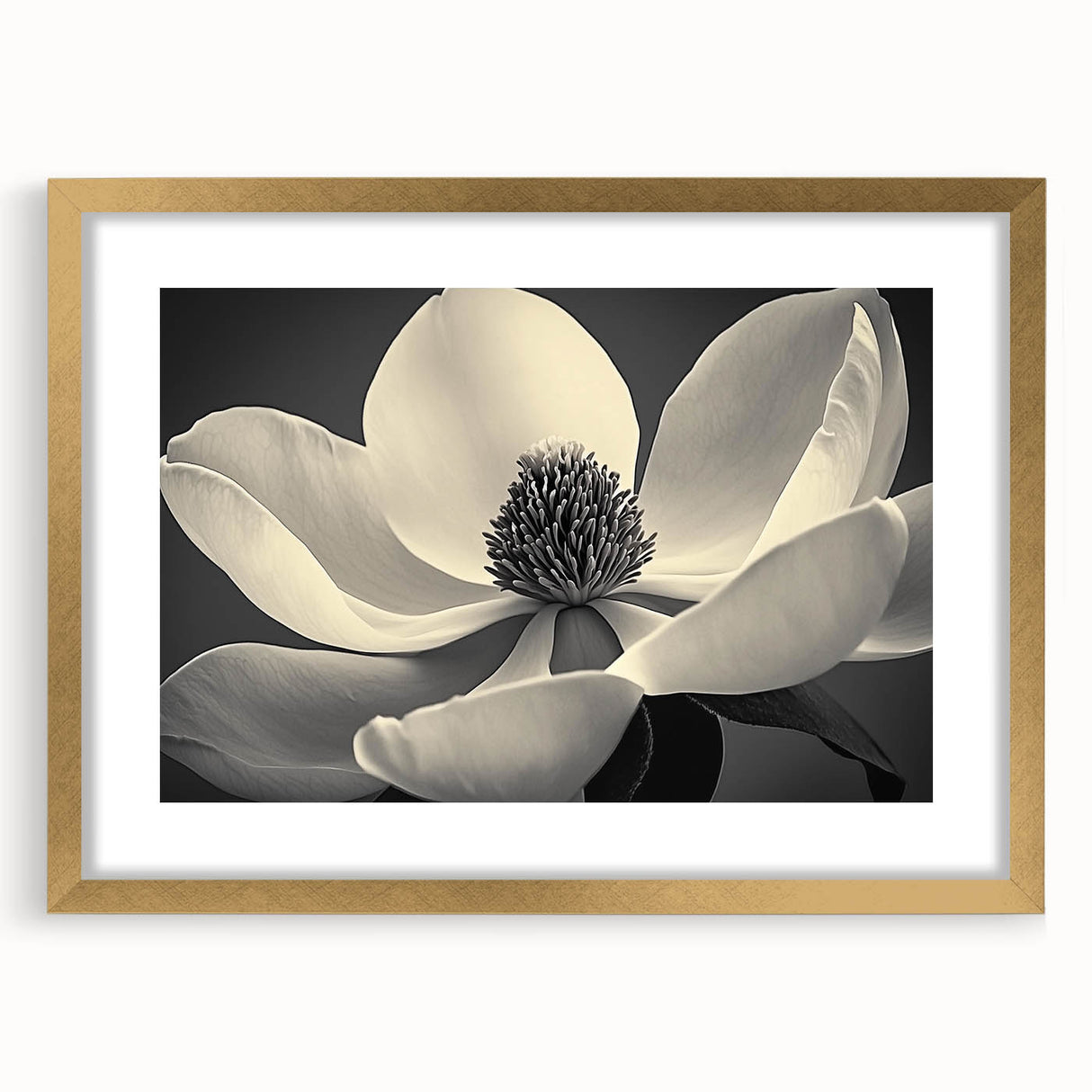 Extra large abstract art print with textured floral patterns in soft gold and white tones, framed in gold.