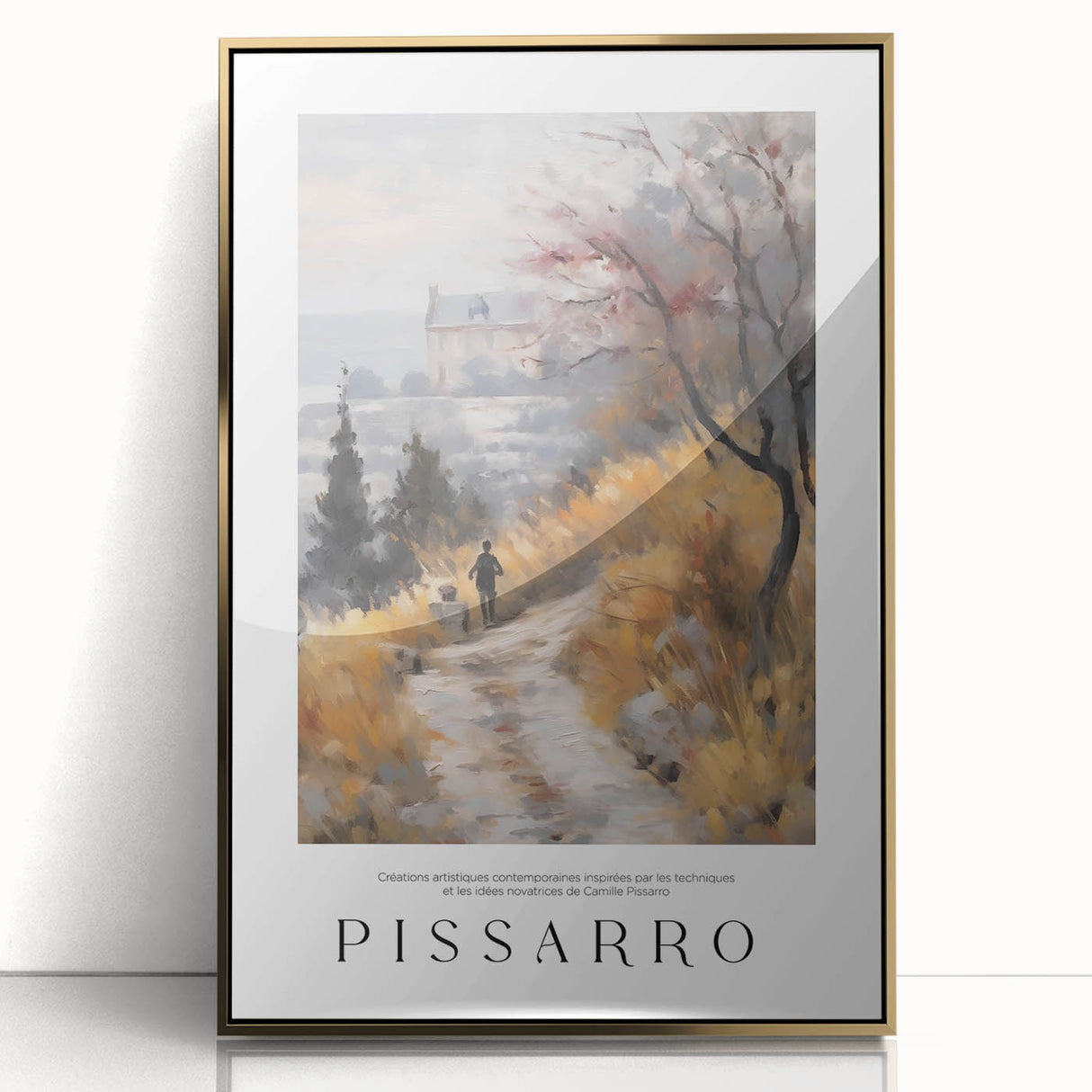 Large framed acrylic print of a mid-century modernist depiction of Camille, in soft gold and pastel colors.