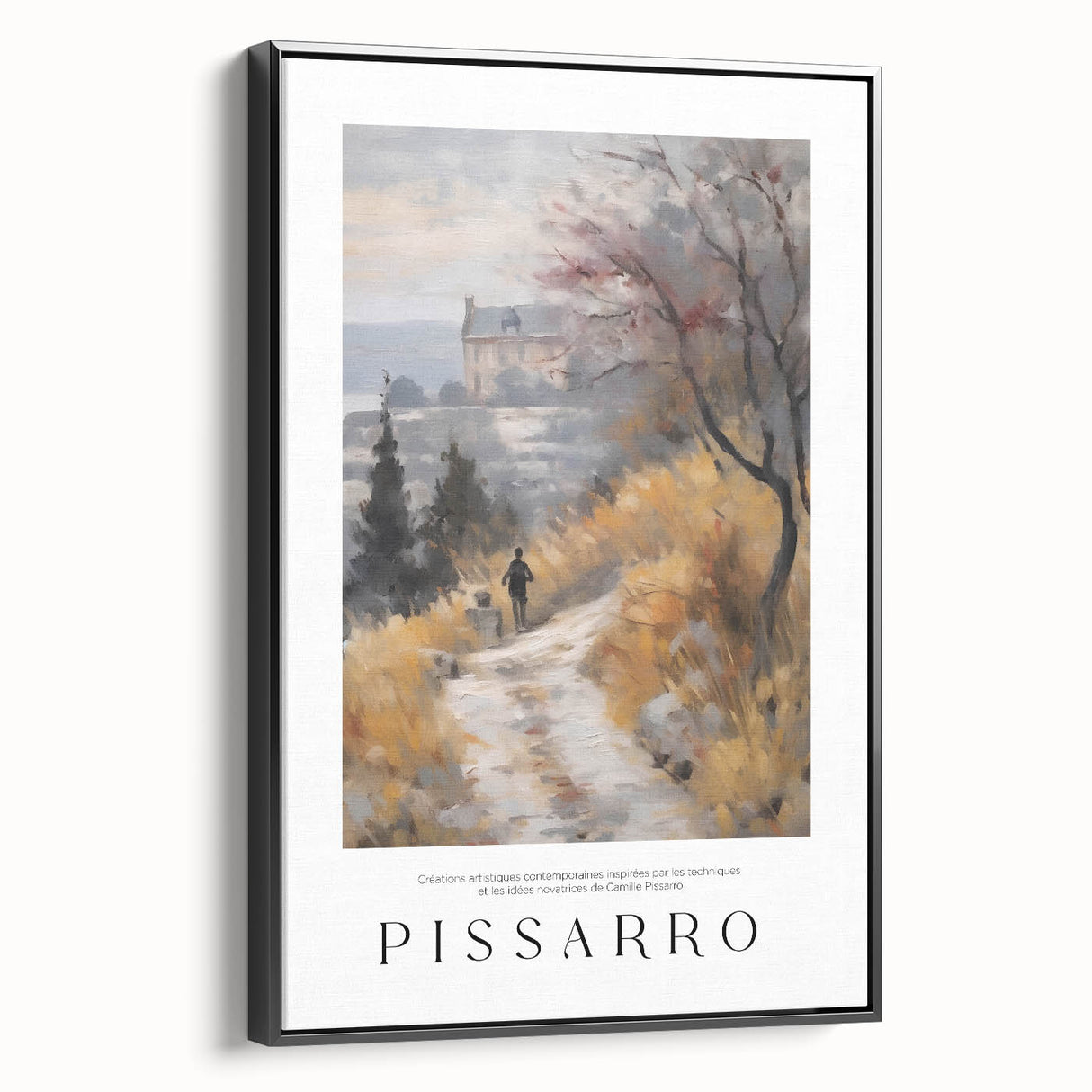 Black and white landscape art painting on framed canvas, featuring a vintage poster style, ideal for bedroom wall decor.