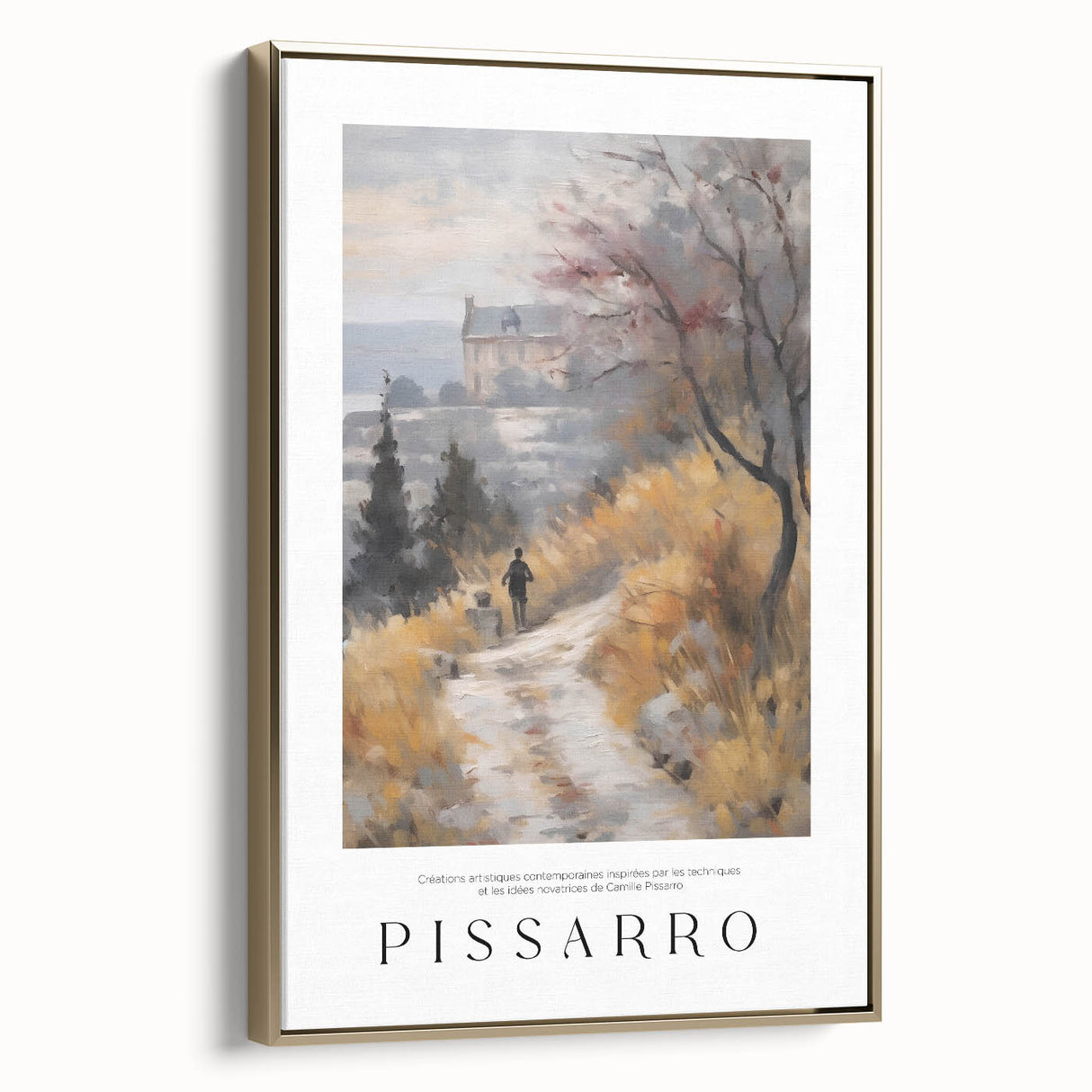 Vintage poster-style landscape painting on framed canvas, featuring muted earth tones, ideal for bedroom wall decor.