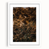 Abstract art print featuring autumnal colors on a white framed canvas, ideal for dining room decor.
