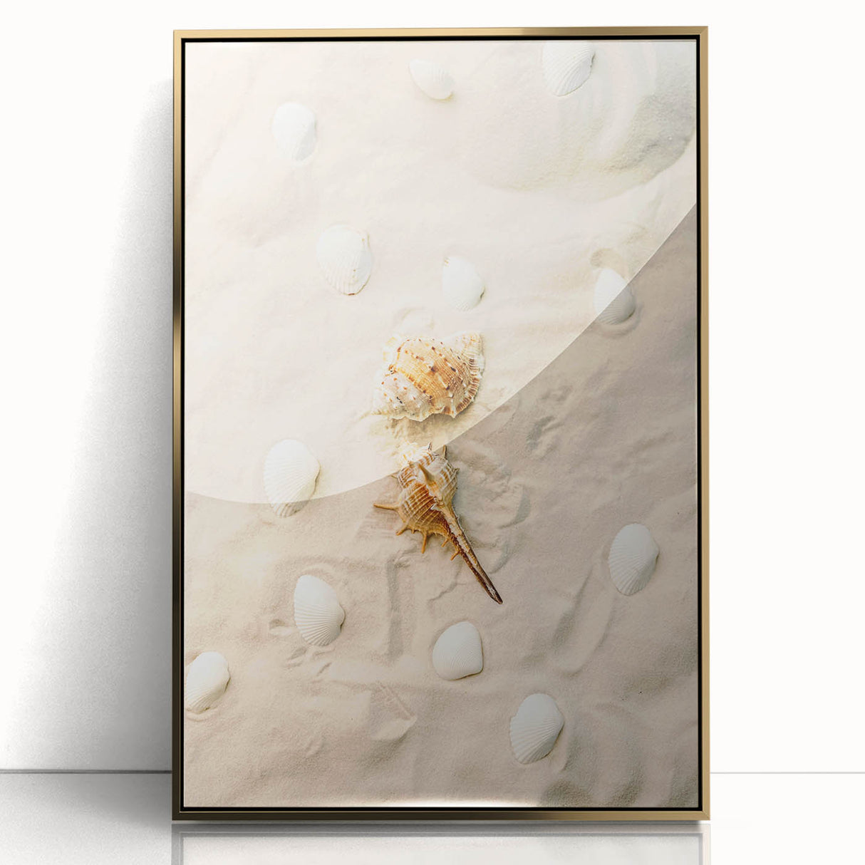 Large acrylic print of a mid-century modernist summer scene in gold tones, ideal for nursery wall art.