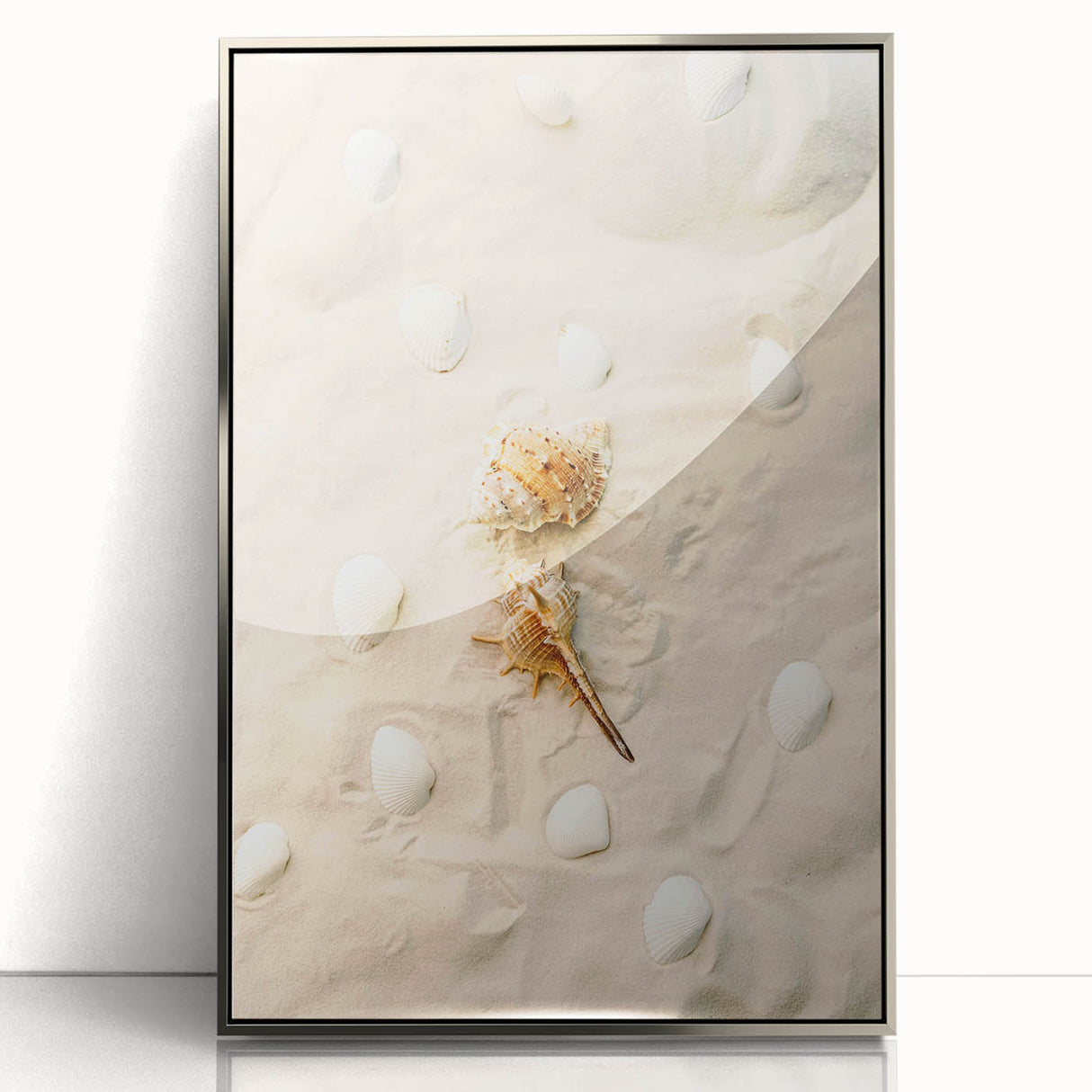 Mid-century modernist art featuring abstract summer motifs in warm orange and yellow tones, silver-framed acrylic print.