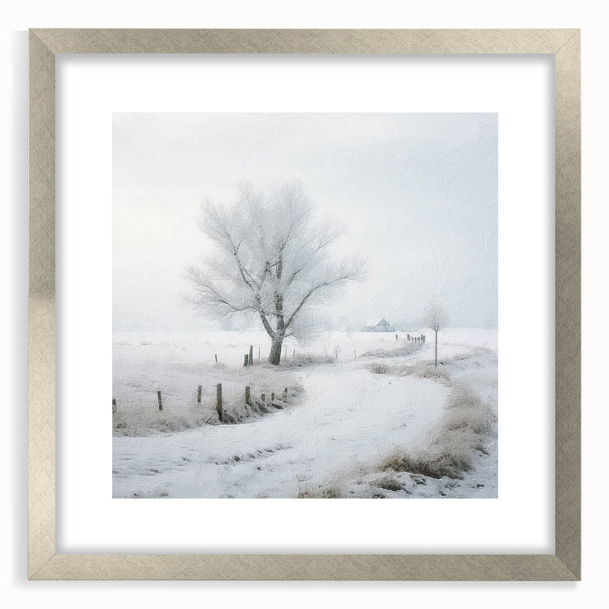 Textured art depicting a winter scene in muted blue and white tones on a framed silver mat, ideal for bedroom decor.