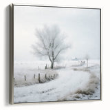 Winter landscape art painting on framed canvas, featuring muted grays and whites, ideal for living room decor.