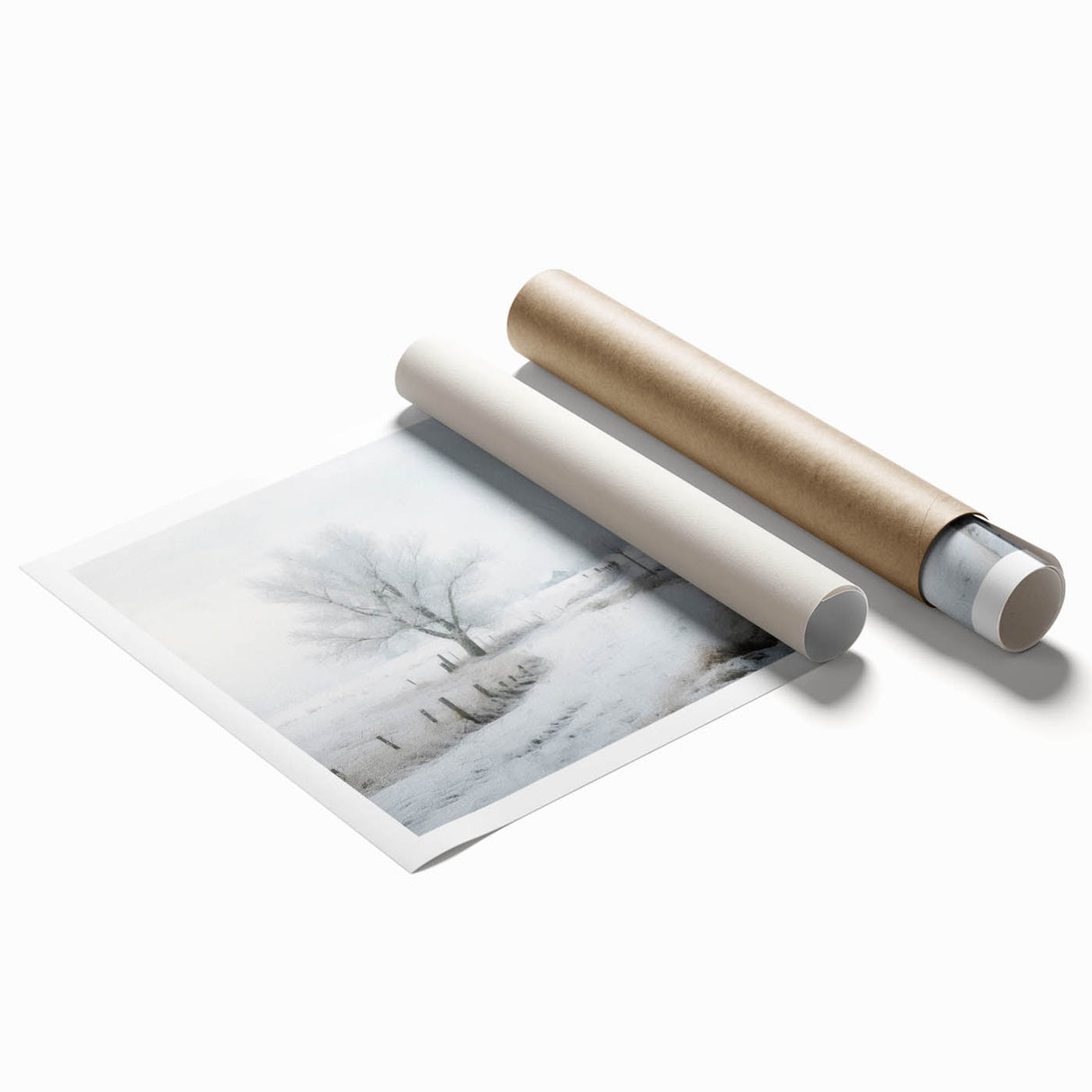 Winter-themed floral art on a rolled print, featuring muted blue and white tones, suitable for classy bathroom decor.