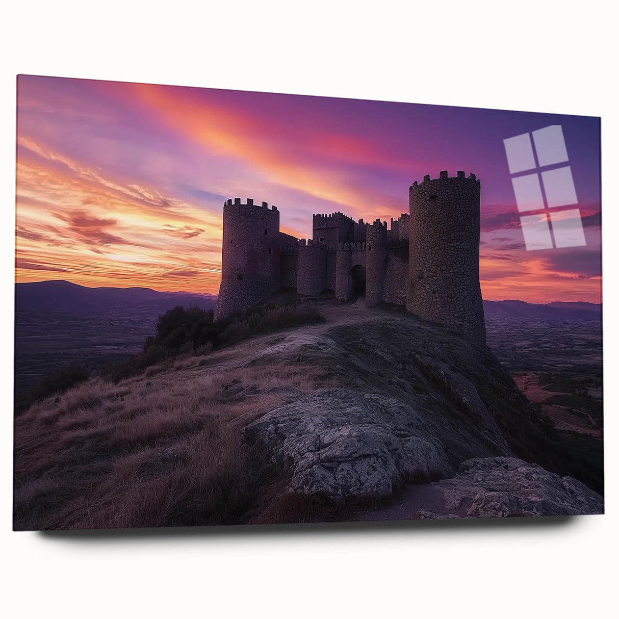 Elegant acrylic glass landscape artwork showcasing a majestic castle surrounded by lush greenery, viewed from the side, highlighting the vibrant colors and intricate details. Perfect for home decor enthusiasts looking to enhance their space with a touch of sophistication.