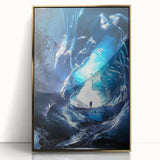 Framed acrylic artwork showcasing a stunning landscape of caves, featuring gold accents and a sleek front view, perfect for modern home decor.