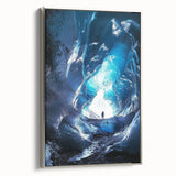 Framed canvas artwork showcasing a dramatic landscape scene with caves, featuring a sleek silver frame, ideal for modern home decor and artistic focal points.