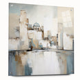 Abstract architectural wall art displayed in a side view, featuring vibrant colors and geometric shapes, mounted with pins on an acrylic glass surface, ideal for modern decor.