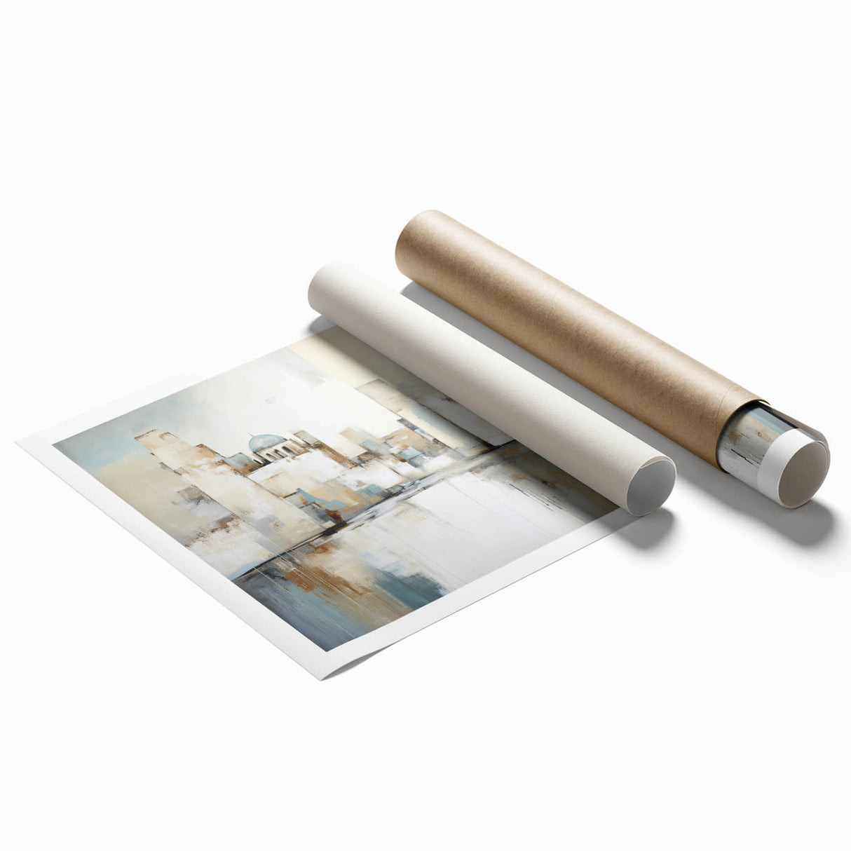 Abstract architecture wall art print showcasing geometric shapes and vibrant colors, rolled for easy shipping and display. Ideal for modern home decor.