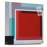 Abstract geometric acrylic glass design showcasing vibrant colors and sharp angles, displayed from the side with visible pins, ideal for modern decor.