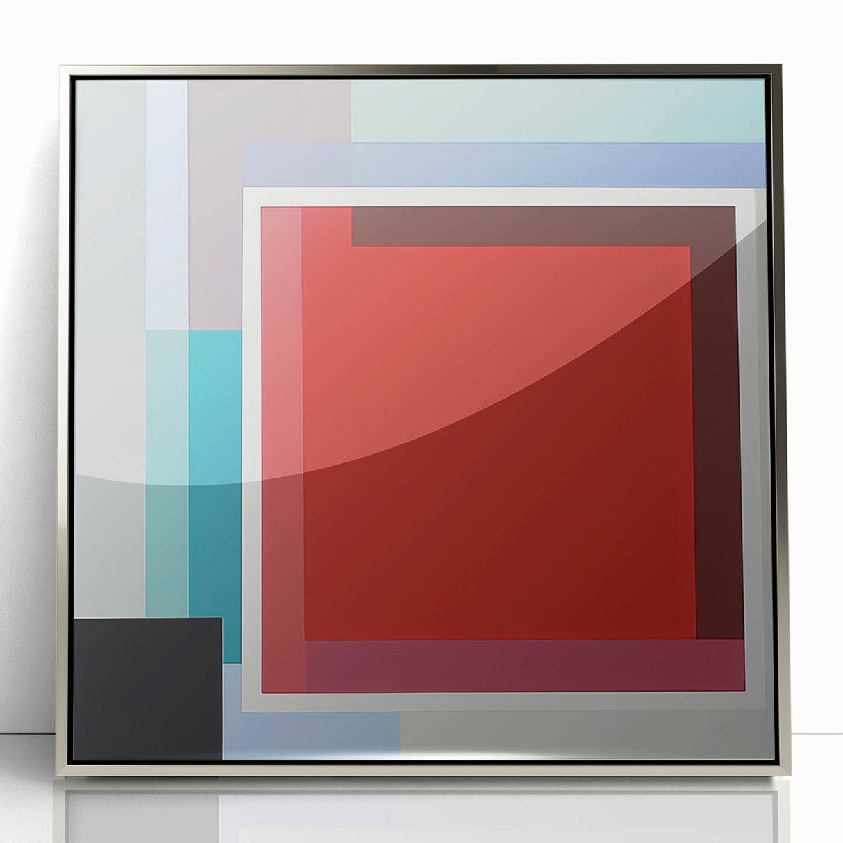 Framed abstract geometric art piece featuring a silver acrylic front, showcasing intricate shapes and lines, ideal for modern home decor.
