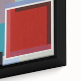 Close-up of a framed abstract geometric canvas art piece, showcasing vibrant colors and intricate patterns, perfect for modern home decor. The design features bold shapes and textures that add depth and style to any space.
