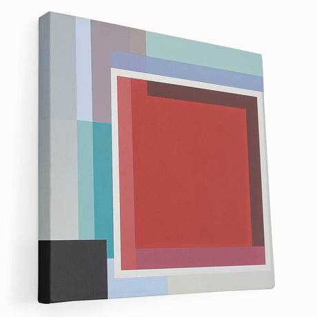 Abstract geometric art print on stretched canvas showcasing bold colors and intricate shapes, ideal for modern home decor. Side view highlights its depth and texture, perfect for adding a contemporary touch to any living space.