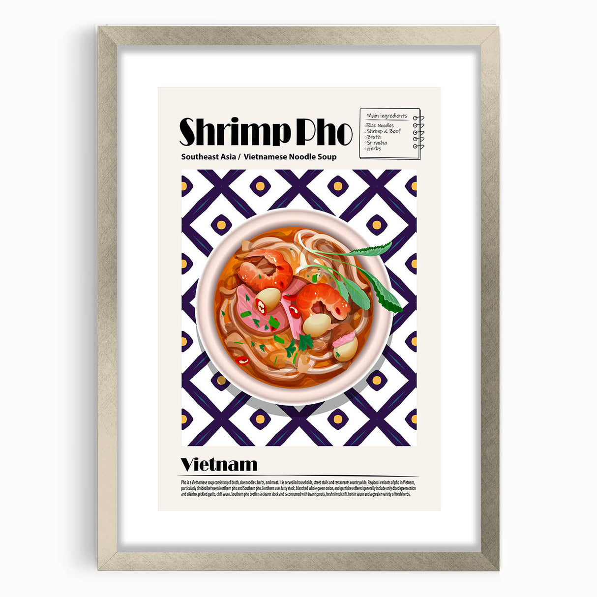 Textured art print of abstract food dishes in muted earth tones, framed in silver, ideal for dining room decor.