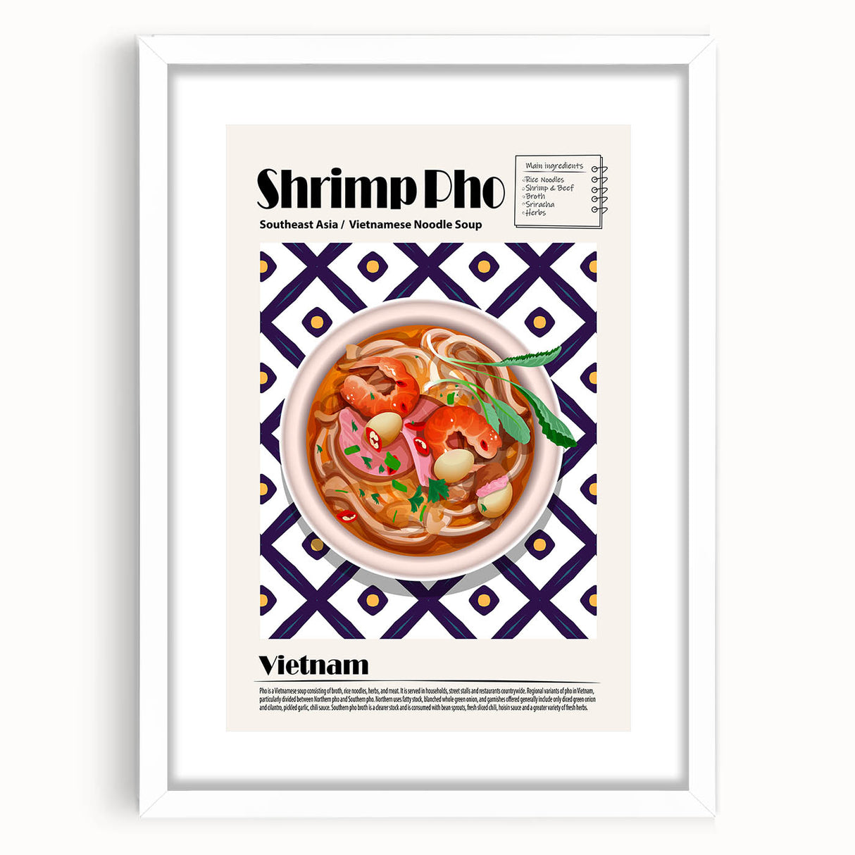 Abstract art print of assorted food dishes in muted earth tones, framed with a white mat, suitable for dining room decor.