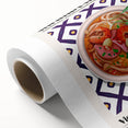 Art Deco poster featuring an array of colorful food dishes on a rolled canvas.