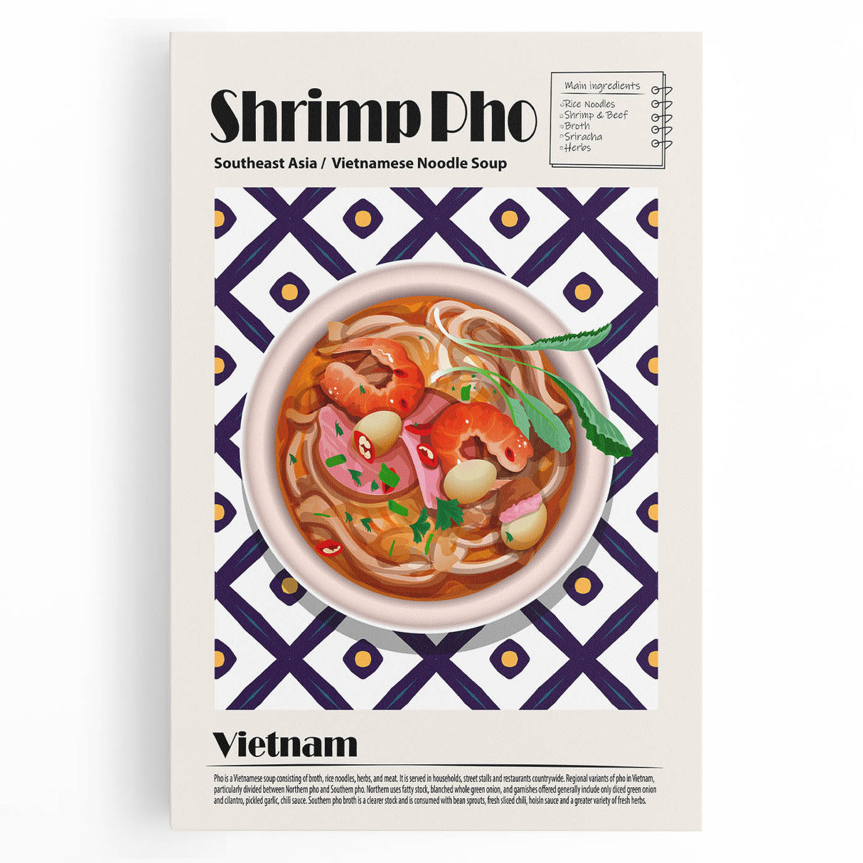 Large black and white stretched canvas featuring an array of various intricate food dishes, ideal for kitchen wall art.