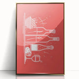 Large art print of assorted fruits in vibrant colors on a gold acrylic frame, styled in mid-century modernist fashion.