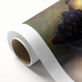 Art deco poster of assorted fruits in vibrant colors on rolled canvas, ideal for nursery wall art or dining room decor.
