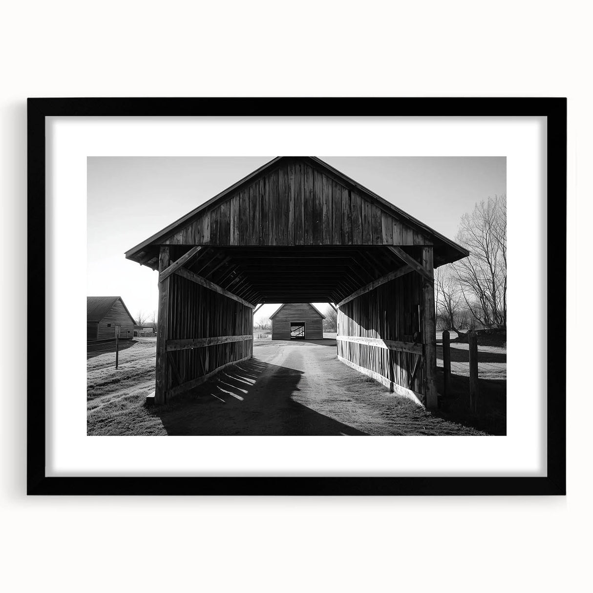 Landscape barn frame with a sleek mat-black finish, showcasing a modern design in a front view setting. Ideal for home decor and art displays, enhancing any room's aesthetic.