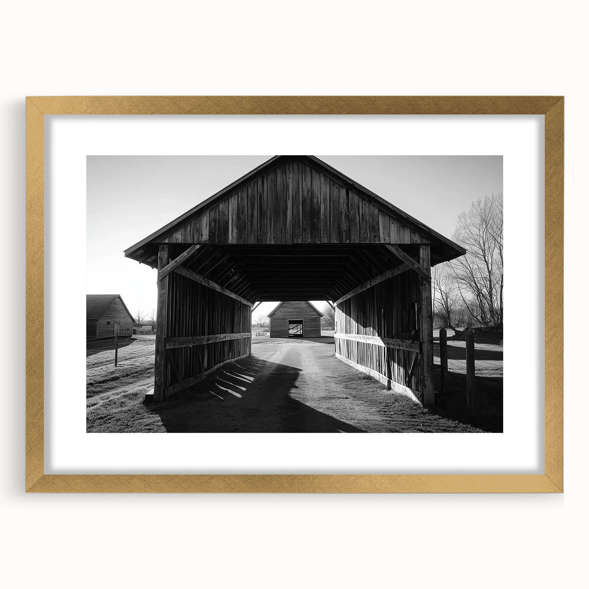 Elegant landscape barn frame featuring a gold mat, showcasing a rustic aesthetic. Perfect for enhancing home decor with a touch of sophistication.