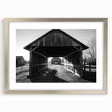 Silver-framed landscape barn design with a mat, showcasing a rustic aesthetic. The frame enhances the artwork's charm, perfect for home decor or gallery display.