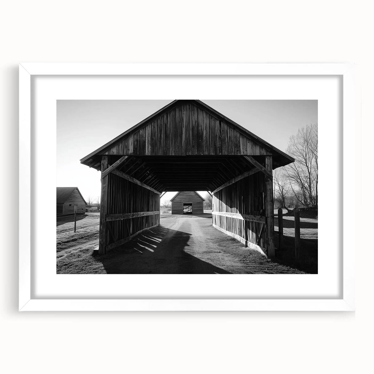 Landscape barn frame design in white mat, showcasing a rustic aesthetic ideal for country-themed decor. Perfect for enhancing home interiors with warm, inviting tones.