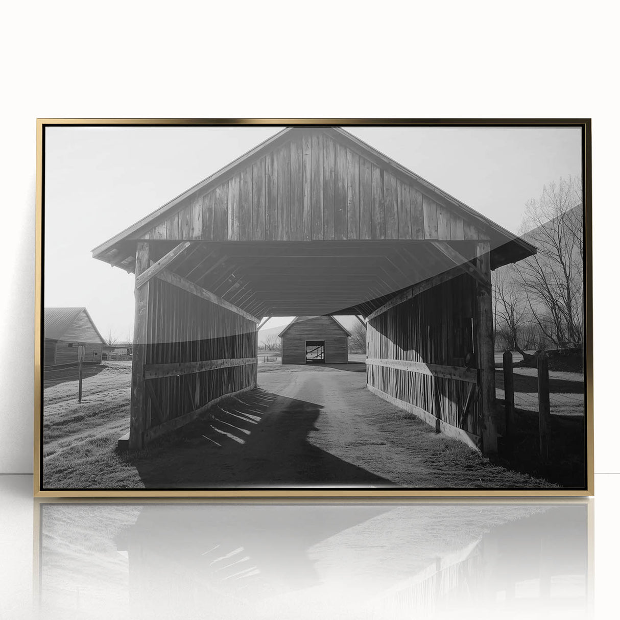 Framed landscape artwork featuring a barn design with a gold acrylic finish, showcasing vibrant colors and intricate details, ideal for rustic home decor.