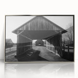 Framed acrylic artwork showcasing a serene landscape scene with a rustic barn, highlighted by silver accents, ideal for home or office decor.