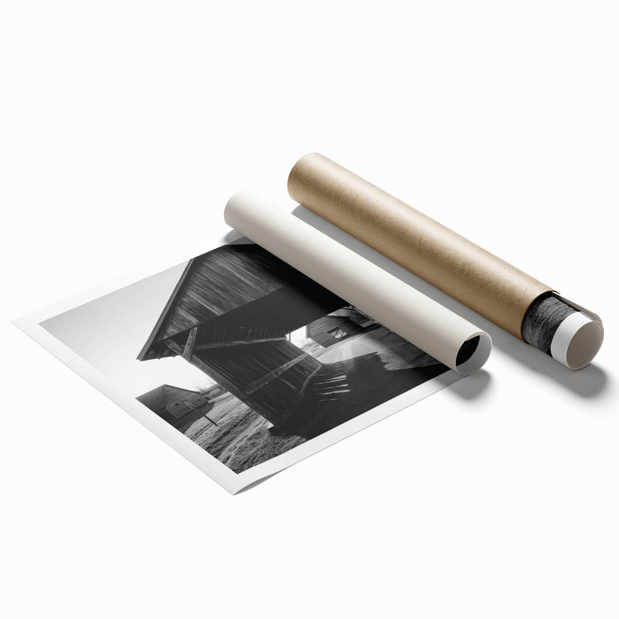 Landscape barn rolled print showcasing a rustic scene with vibrant colors and intricate details, elegantly packaged in a protective cardboard tube for easy transport and display. Perfect for enhancing home decor with a touch of countryside charm.