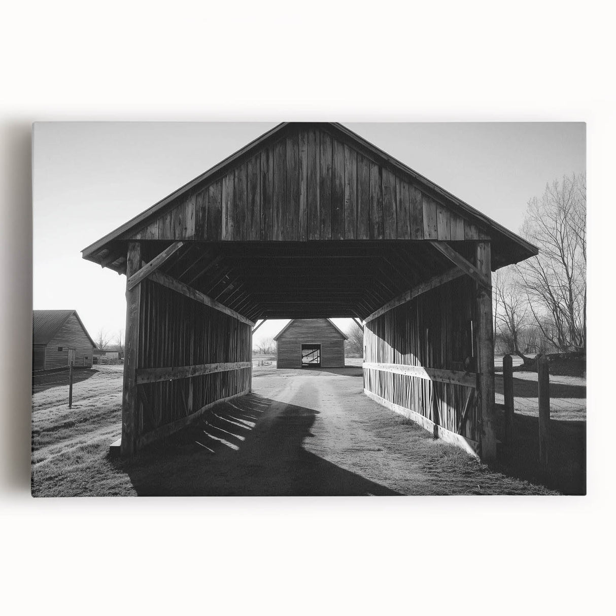 Stretched canvas showcasing a vibrant landscape barn scene, featuring rich colors and intricate details, ideal for enhancing home decor with rustic charm.